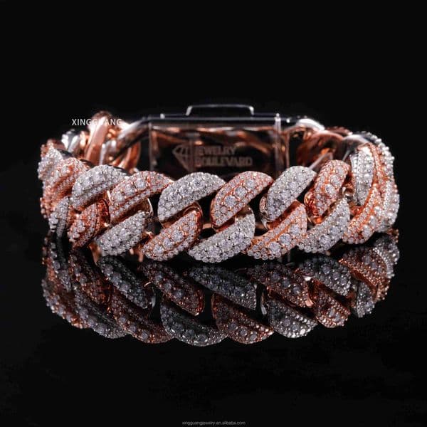 Crafted 16MM Wide Cuban Chain Rose Gold Plated 2Tone 925 Silver Pass Diamond Test VVS Moissanite Cuban Lidynamic Chain Bracelet