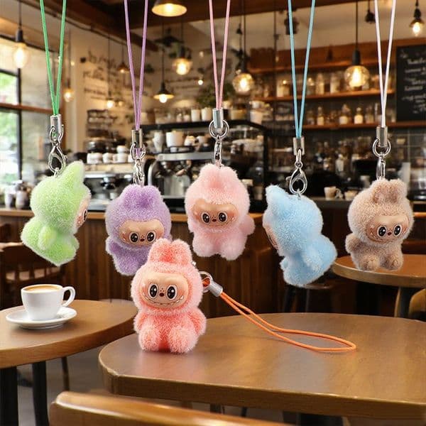 HOT Labubu Flocking Mini Keychain Toys Anime Figure Labubu Doll Keychain Pendants For Backpack Decors Collectible Accessories Gifts By Sea!