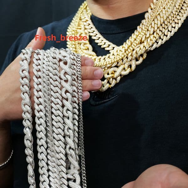 1020mm Miami 925 Sterling Silver Gold Plated Men Necklace Iced Out Hiphop Jewelry Diamond Mossanite Moissanite Cuban Link Chain