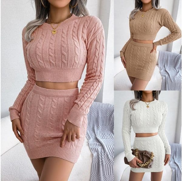 (890) Autumn and Winter European and American Casual Midriff-baring Sweater and Hip Skirt Knitted Suit