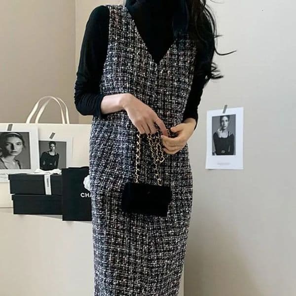 Women Dresses Tweed Japanese V Neck All Match Sequined Vestidos Mujer Korean Fashion Autumn Robe Femme Chic Clothes 251018