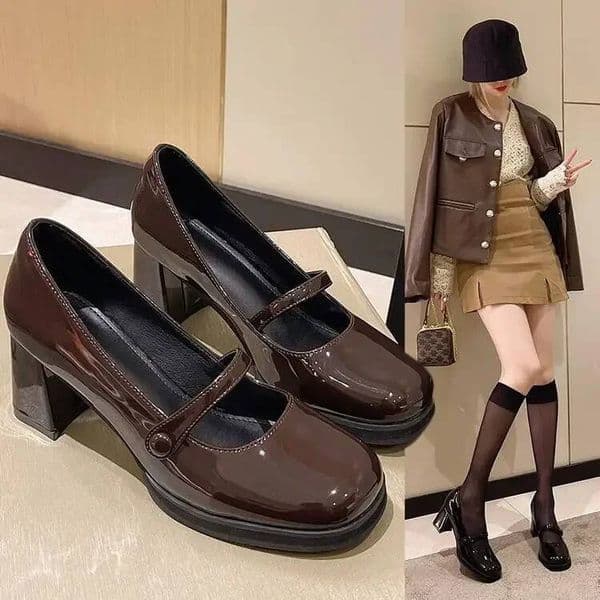 French style new leather brown retro high heels camellian sheepskin square toe thick heels women's trendy designer shoes