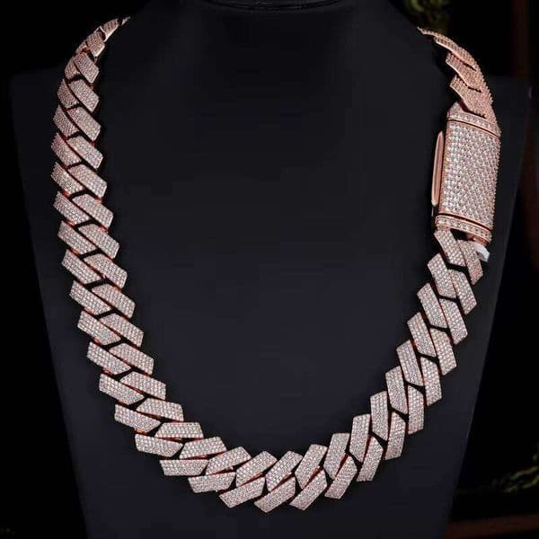Price Sier Heavy 20mm 4 Row VVS Silicon Stone Rose Gold Plated Cuban Chain Men's Hip Hop Necklace