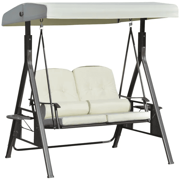 Outsunny 2-Person Outdoor Swing Seat with Adjustable Canopy Cushioned Tray Poolside Lounger Beige