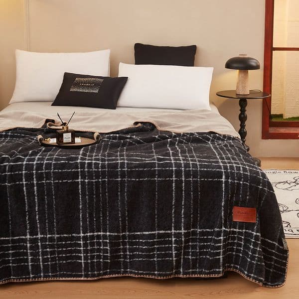 Designer Blanket Luxury Brand Skin-friendly and Soft Throw Imitation Cashmere Multi-functional Blanket with Black Grid Pattern for Office /Bedroom/Travel/Gift