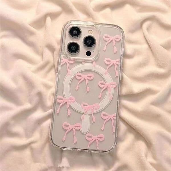 New Fashionable Phone Case with Blue Pink Bow Suitable for Apple Pro Max Phone Case Magnetic New Pro Transparent Trendy Apple Phone Case