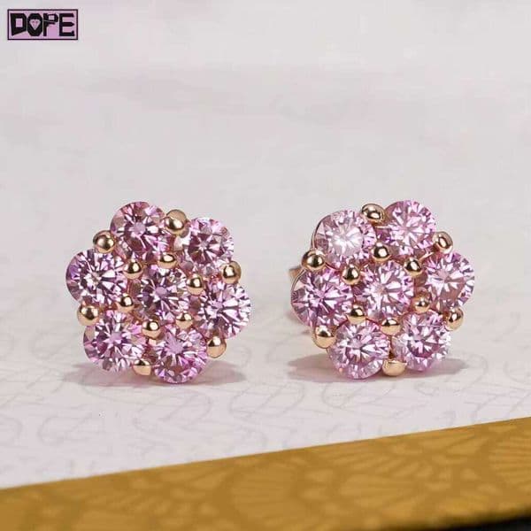 Hip Hop Moissanite Women Men Sier Rose Gold Plated Iced Out Flower Cluster Pink VVS Stud Earrings