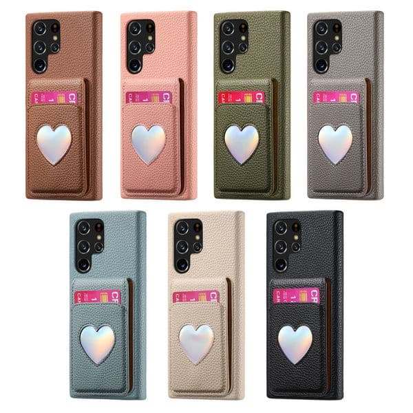 Laser Heart Mirror Case with Card Slot for Galaxy A56 A17 S25 Ultra S24 FE S23 S22 S21 S20 A55 A35 A36 A25 A32 A16 Protection