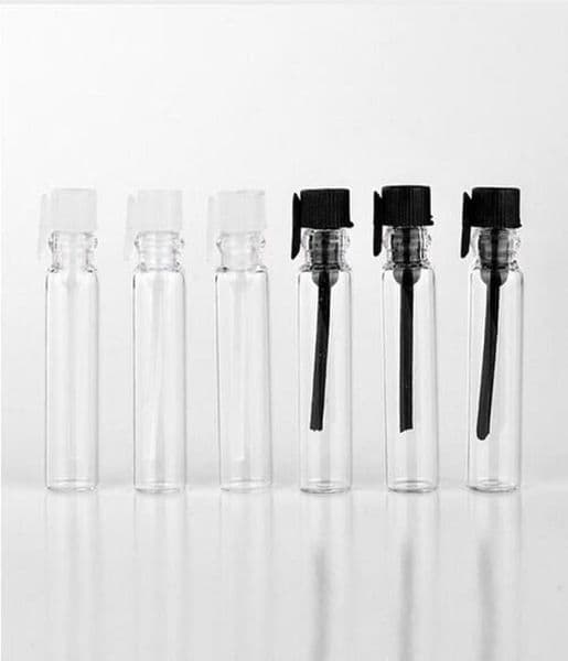 DHL 1ml Mini Glass Perfume Bottle Small Glass Parfume Sample Vials Tester Trial Bottles with Clear Black Stoppers 1000Pcs7741707