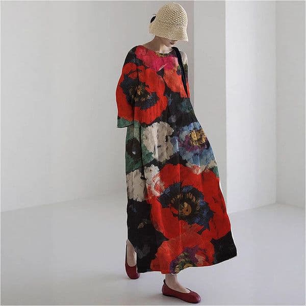 643 Summer new European and American women's loose round neck fashionable high-end short-sleeved printed dress