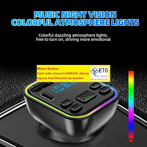 Car Bluetooth 5.0 FM Transmitter PD Type-C Dual USB 3.1A Fast Charger Colorful Ambient Light Handsfree MP3 Modulator Player ZZ