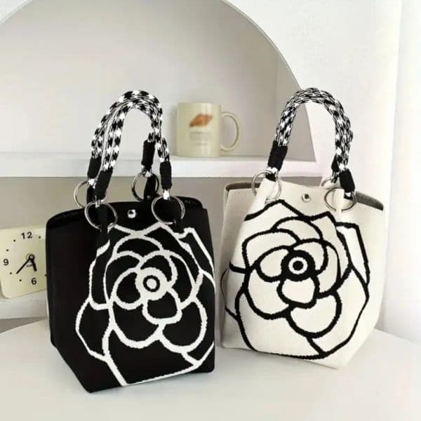 Luxury Elegant Floral Tote Bag Designer Spacious Womens Purse w/ Magnetic Clasp Durable Polyester Stylish BW Print perfect gift for women