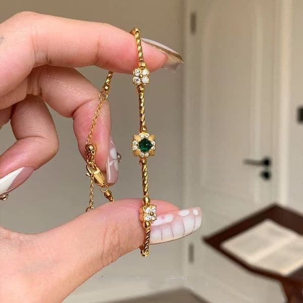 TaiYang New Gold Plated Copper Clover Bracelet, Emerald Cubic Zirconia & Twisted Wire Woven Bangle for Women
