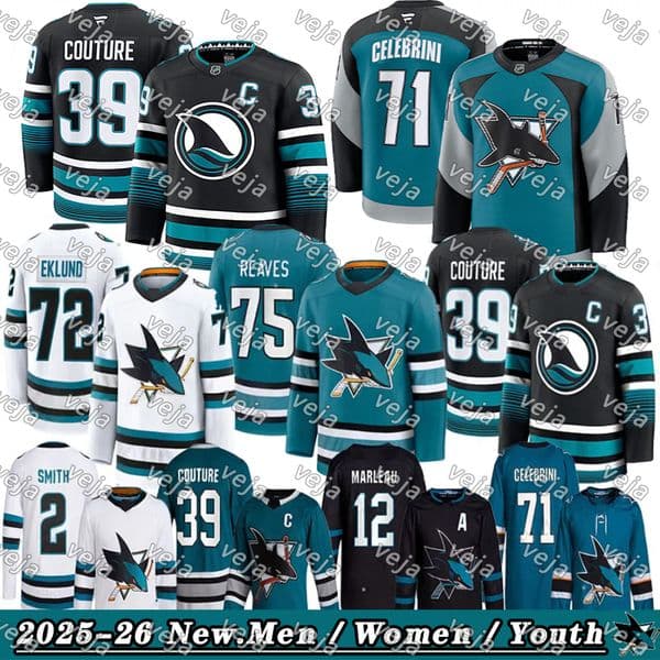 San Jose Shark #71 Celebrini #39 Couture C #64 Granlund Will Smith Tyler Toffoli William Eklund Hockey Jerseys