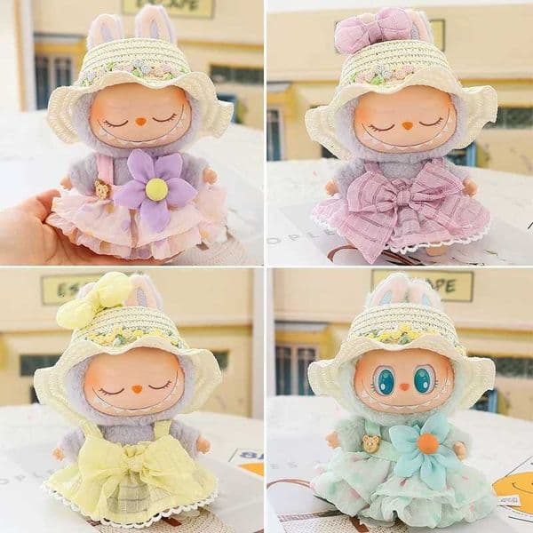 Labubu Doll Clothes Summer Str Hat Skirt 17cm Plush Doll Clothes Labubu I II Idol Doll Sitting Par AccessoriesXJ251011