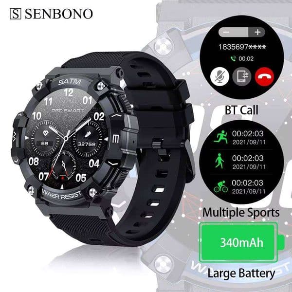 SENBONO PG666 Men's with Wireless Call Blood Oxygen Monitoring Fitness Tracker Outdoor Sports Smart Watch