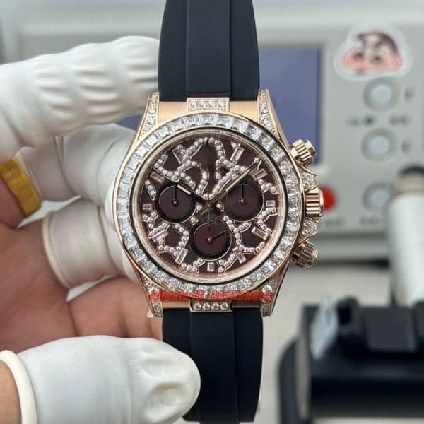 N+F Luxury Watches 40mm Thk 12.2mm Rose Gold Diamond 126555TBR Giraffe Chronograph Automatic Cal.4131 Mens Watch Brown Dial Rubber Strap Gents Wristwatches 155g