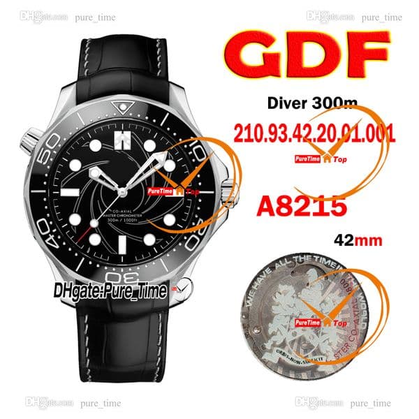 New 42mm Diver 300M A8215 Automatic Mens Watch 210.93.42.20.01.001 Black Texture Dial Ceramic Bezel Steel Case Leather Strap Gents Watches Pure_Time A03a