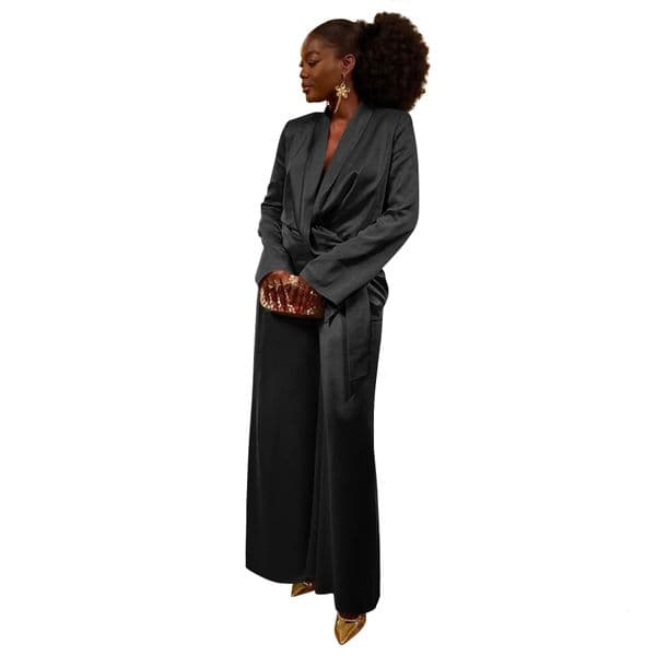 Designer's new European and American women's clothing autumn and winter solid color suit tie top cardigan wool sweater wide leg pants set