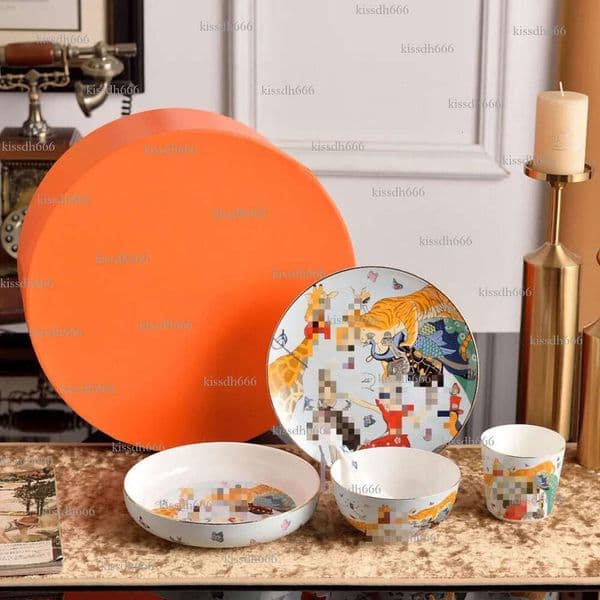 Designer tableware set, new dreamy circus cartoon bowl and plate tableware 5-piece set, cute children's bone china rice bowl