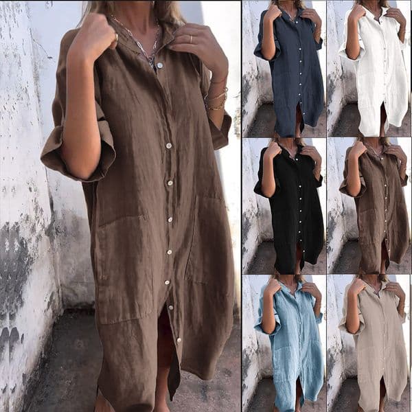 2025 New Womens Loose Fashion Casual Solid Color Half Sleeve Shirt Dress