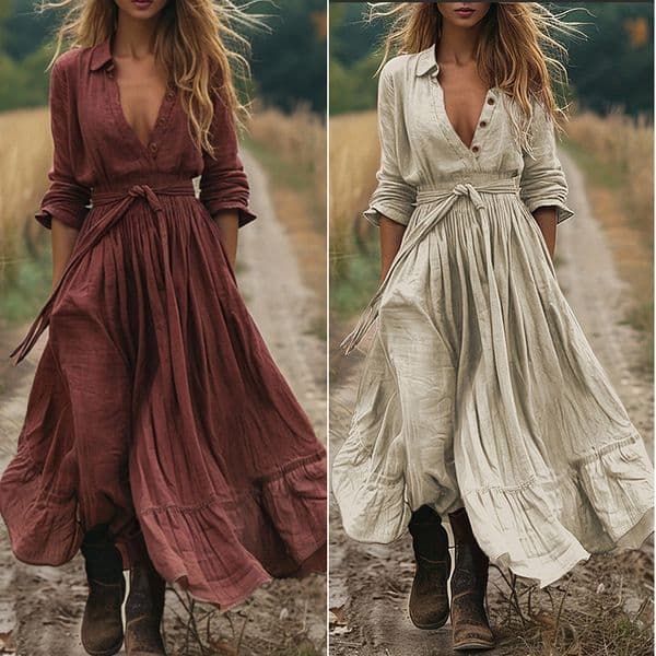 2025 European and American new retro long sleeved Bohemian long cotton linen dress, designer hot selling fashionable dress