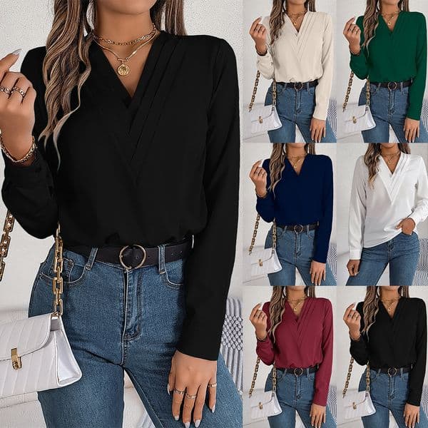 2025 New VNeck Long Sleeve Shirt Fashion Sexy Solid Color Elegant Top for Women