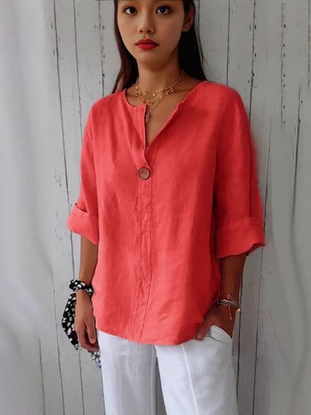 C10271 Loose V-neck cotton and linen button top