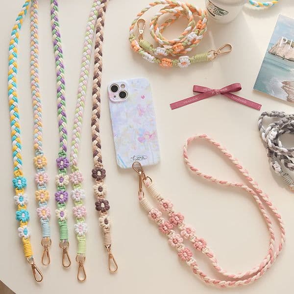 New Bohemian woven flower mobile phone lanyard daisy cross neck strap with phone chain, trendy and fashionable mobile phone pendant
