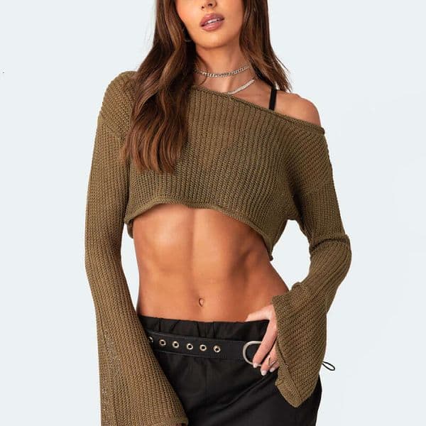 2025 Autumn Women's Sexy Off-Shoulder Crop Top - Fashionable Knitted Short Sweater, Soft Fabric for Daily Matching
