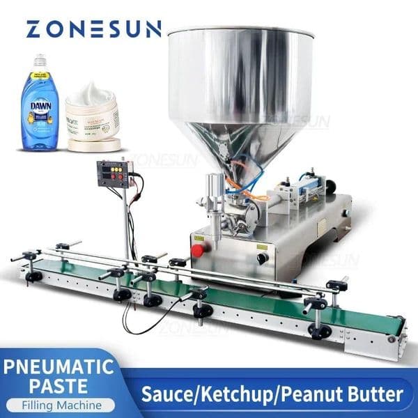 ZONESUN ZS-DTGT1P Pneumatic Paste Filling Machine with Conveyor for Sauce Gel Peanut Butter Packaging