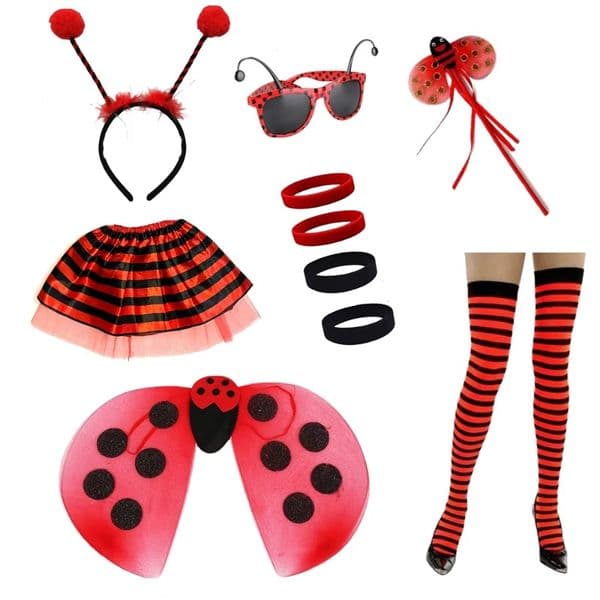 Halloween Ladybug costume collection, including wings, ballet gauze skirts, headband strips, and textured tight-fitting costumes for festival characters.