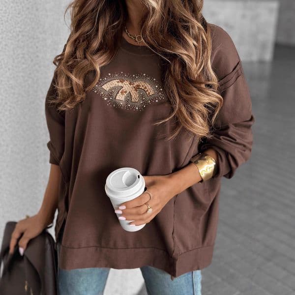 European and American style designer autumn new hot selling round neck rhinestone long sleeved sportswear top