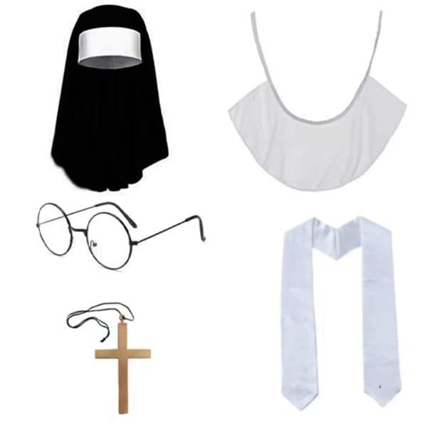 Five nun costume accessories: including a headscarf, collar, glasses, cross necklace, and a scarf prop combination for festival character costumes