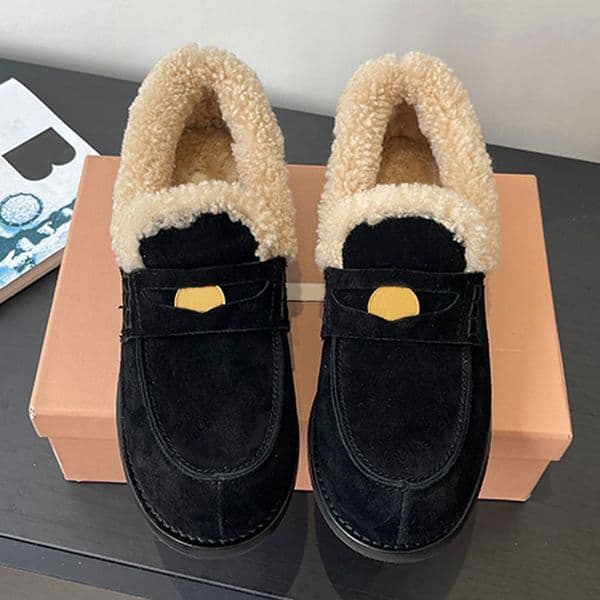 25SS Women coin loafers Fashion New Designer Women Fury Shoes Classic Black Suede Leather Fabric Warm Lamb Wool Inner Anti slip Large Bottom Lady Bean Shoes