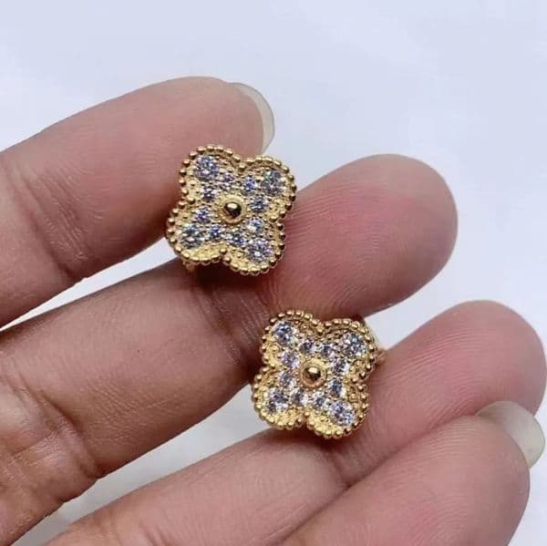 Clover Designer Earrings 18K Gold Full Diamond Stud Earrings For Womens Black Agate Red Chalcedony Ear Jewelry Gift