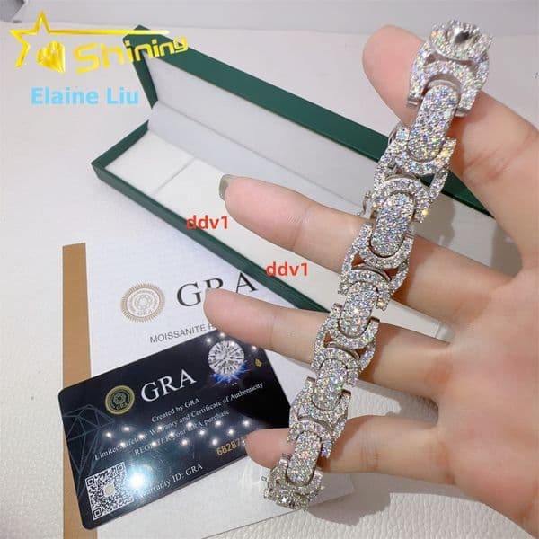 Custom Fine Jewelry 15mm Iced Out Hip Hop Sterling Silver 925 D Color VVS Moissanite Diamond Cuban Link Chain BraceletDesigner style