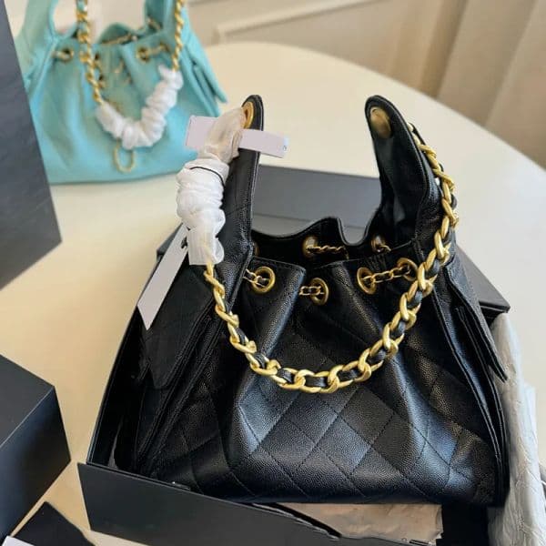 Women Designer Bag 25C Caviar Leather Calfskin Drawstring Bucket Hobo Underarm Shoulder Bags Gold Metal Hardware Matelasse Chain Handbags Luxury Purse 26x20cm