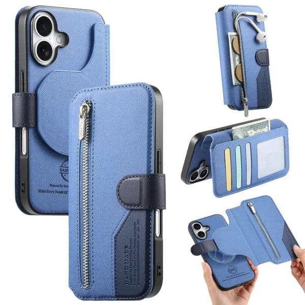 Detachable Zipper Leather Wallet Case For 17 Air 15 14 13 12 11 Pro Max 16E 5G Cover for iPhone 16 Plus Etui