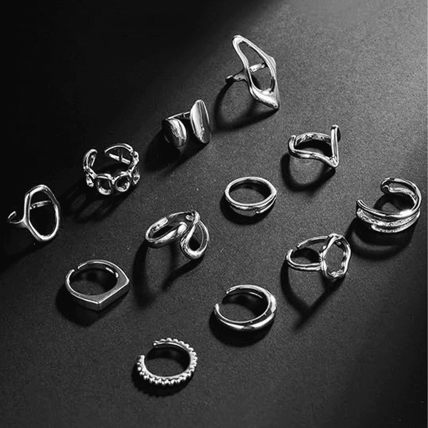 12Pcs Silver Stackable Rings Silver Plated Chunky Knuckle Finger Ring Geometric Bead Cloud Wave Flower Hollow Statement Bands Signet Open Rings Adjustable Size 4-9