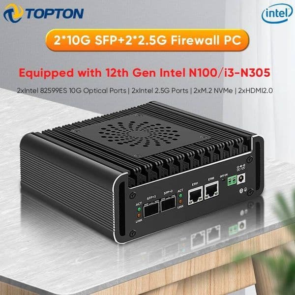Topton Solid Firewall Appliance 2x10G SFP Intel i3 N355 N305 N150 N100 2xi226V 25G Mini PC 2xNVMe DDR5 pfSense Proxmox ESXi