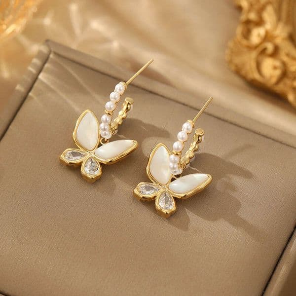 Korean Style Light Luxury Design Versatile Mother-of-Pearl Butterfly Pearl Personality Internet Celebrity High-End Earrings Wholesale