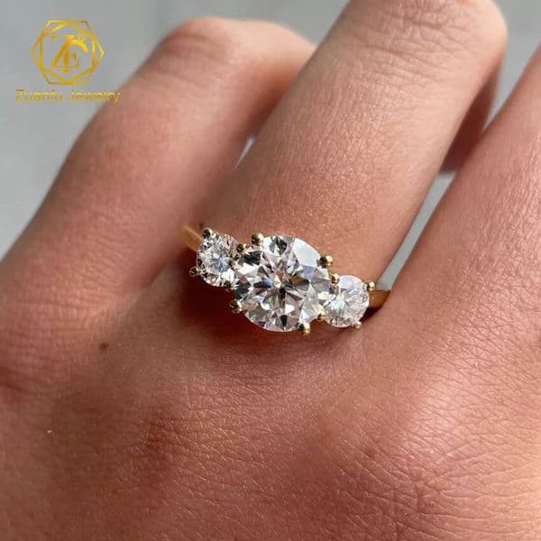 10K Gold Fine Jewelry 2ct Round Brillant Cut Moissanite Three Stone Engagement Rings With Plain Band Moissanite Diamond Ring