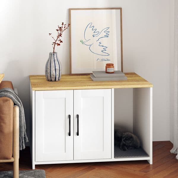 Hidden Indoor Wooden Cat Apartment with Litter Box Enclosure 20-Inch Cat Litter Toilet Cabinet, Multi-Functional Pet Furniture with Storage for Living Room