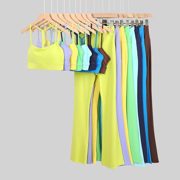 Breathable Women's 2-Piece Yoga Tracksuit Long Pants Solid Hue Full-Length Slimming Jumpsuit Wide Leg Design For Running Bean Green Set-2 YGS093