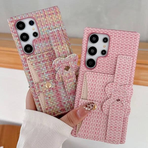 INS Stylish Weave Plaid Pattern Wrist Strap Holder Case For Galaxy S22 S23 S24 S25 Ultra Creative Card Slot Wallet Bumper Cover