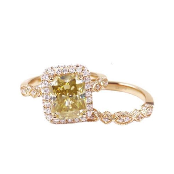 Tianyu Gems Customized 3ct Radiant Cut Yellow Moissanite Engagement and Wedding Gold Ring Sets