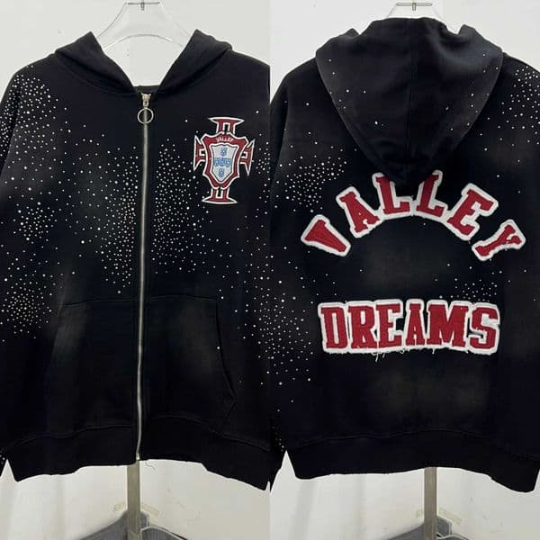 Embroidered VALLEY Classic Hoodies Men Women 11 Best Quality Vintage Washed Vale Black Zipper Sweatshirts S251031