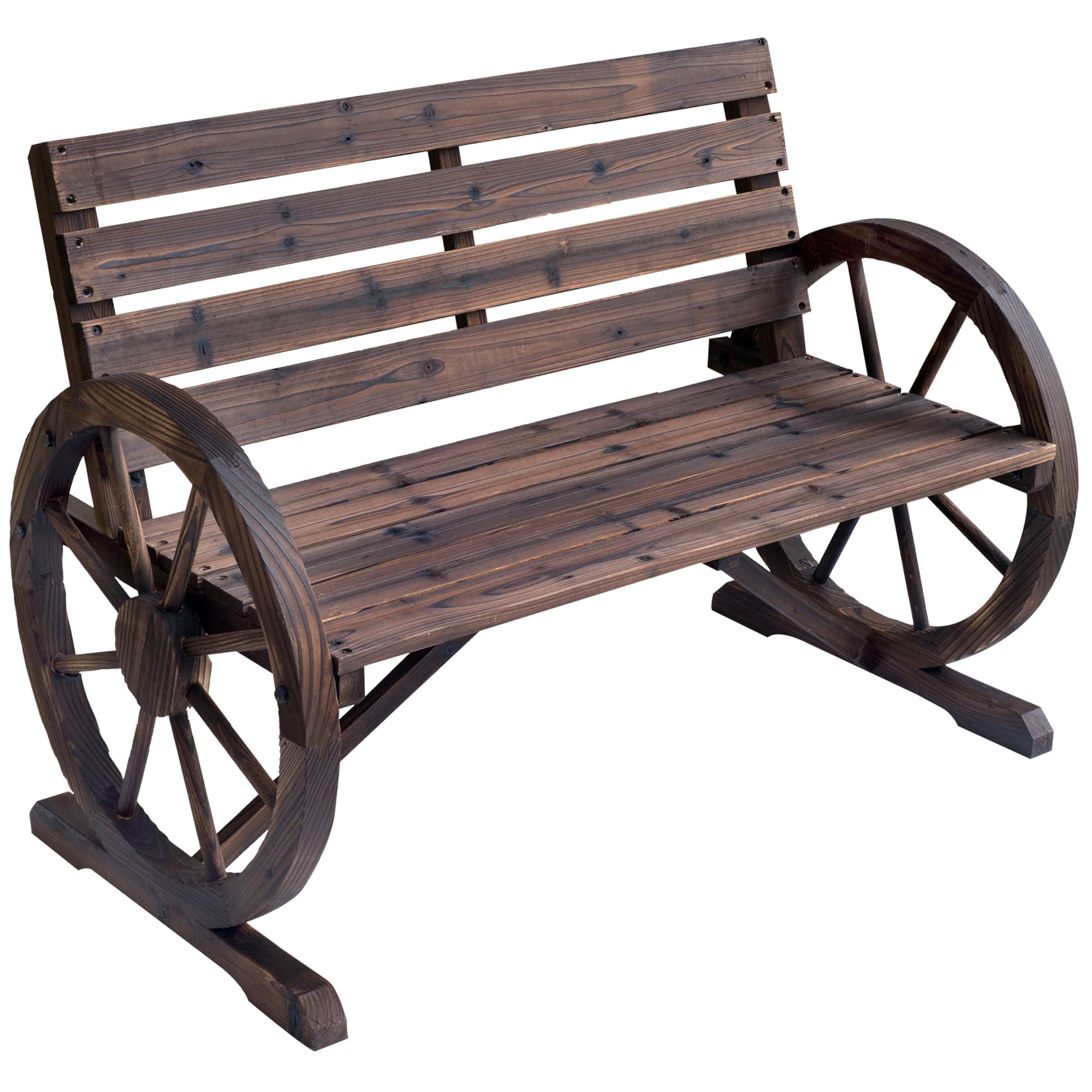Outsunny Waterproof 2 Seater Garden Bench with Wooden Cart Wagon Wheel Rustic High Back Brown | Aosom UK