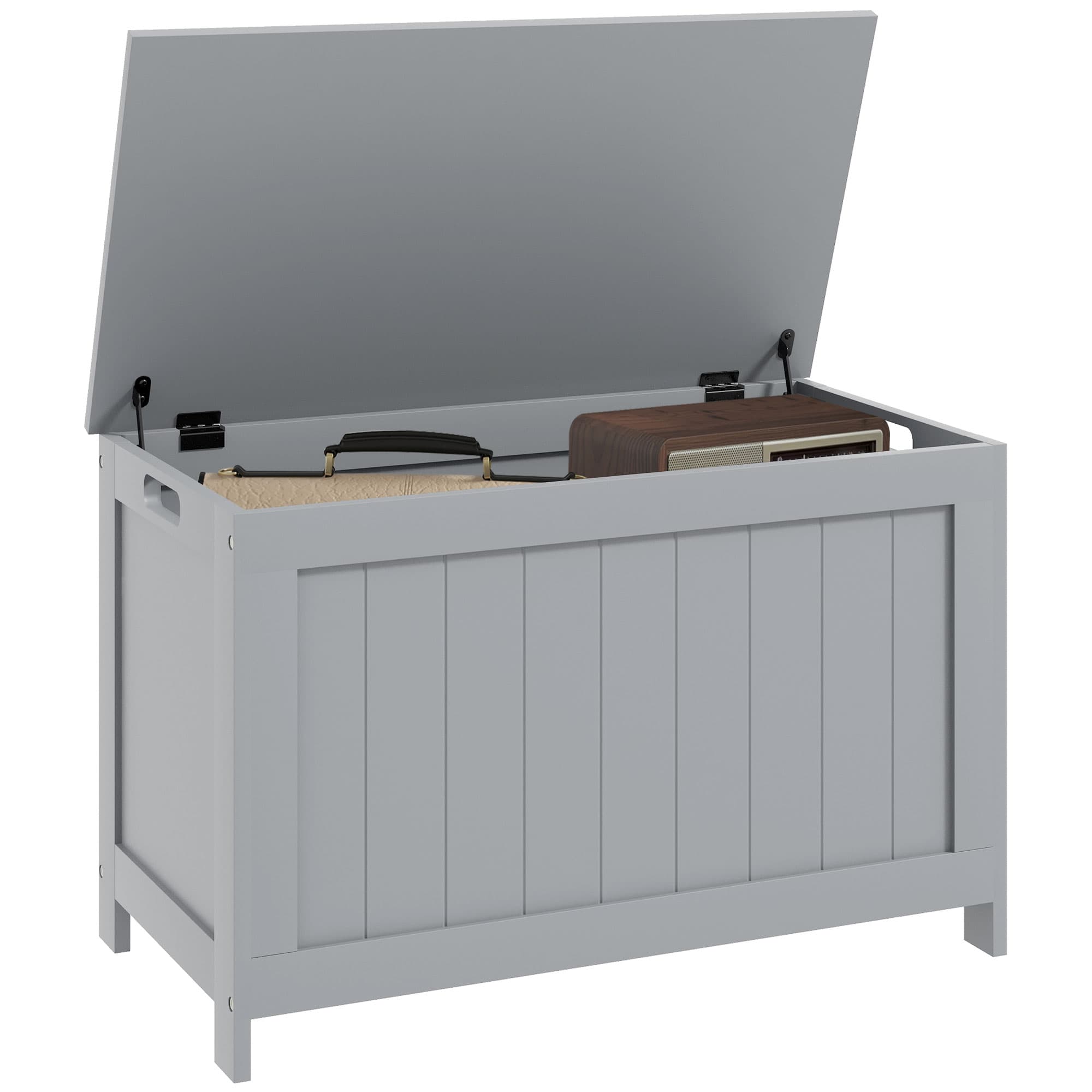 HOMCOM Storage Chest, Modern Storage Trunk w/ 2 Safety Hinges & Cut-out Handles, Wooden Toy Box for Living Room, 76 x 40 x 48 cm, Grey | Aosom UK